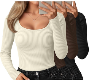 lot 3595 image: Huukeay 3 Pack Womens Long Sleeve Shirts, Ribbed Scoop Neck Thermal Undershirts Basic Casual Underscrubs Slim Fit Tops - Retail $0