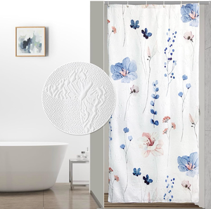 lot 3599 image: QIYI Small Stall Half Watercolor Floral Shower Curtain, 3D Embossed Butterflies Blue Flower Cloth Bathroom Curtain, Waterproof Fabric White Shower Curtain Set with Hooks - Retail $0