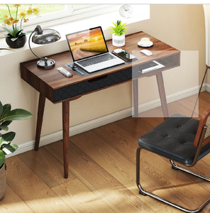 lot 3614 image: Costway CB11049BN Mid-Century Modern Computer Desk with Drawer & Open Compartment, Brown - Retail $0
