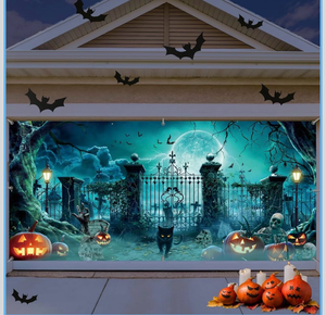 lot 3616 image: MEHOFOND Halloween Garage Door Backdrop 6 x 13 ft, Large Halloween Hanging Door Cover Decorations, Scary Haunted House Evil Pumpkin for Outdoor Home Yard Full Moon Night Party Decor - Retail $0