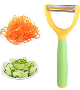 lot 3624 image: 2-in-1 Vegetable Peeler & Julienne Slicer - Stainless Steel Potato Peelers & Fruit Peeler with Comfortable Grip Handle, Quick & Easy Kitchen Shredder Tool for Apple, Cucumber, Carrot & Veggies - Retail $0