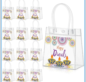 lot 3625 image: Kolldenn 12 Pcs Happy Diwali Clear PVC Gift Bags with Handle, Rangoli Transparent Totes Bag, Reusable Goodie Treat Holder for Indian Deepavali Party Supplies Diwali Decorations (6.31x 5.91x 3.15) - Retail $0