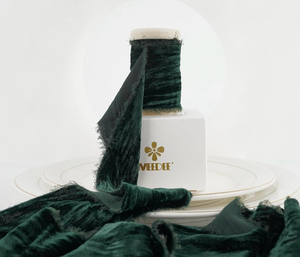 lot 3630 image: MEEDEE Frayed Velvet Ribbon 2 Inch Crinkle Ribbons 2 Rolls 4 Yards Hunter Green Crushed Ribbons Dark Green Velvet Ribbon for Gift Wrapping, Holiday Decor, Bridal Bouquet, Wedding Favors - Retail $0