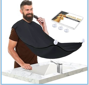 lot 3632 image: Beard Bib Apron, Stocking Stuffers Christmas White Elephant Gifts for Men Adults Dad Husband, Beard Hair Catcher for Sink, Non-Stick Beard Cape with 3 Suction Cups, Grooming Accessories(Black) - Retail $0