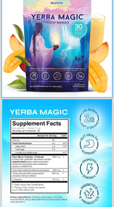 lot 3634 image: Yerba Magic �� Yerba Mate Tea Instant Powder Super Drink with Nootropics, Prebiotics & Probiotics �� Clean Energy, Mental Clarity & Gut Wellness  Low Sugar, Natural Caffeine �� Peach Mango, 30 Servings - Retail $0