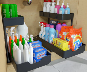 lot 3640 image: NATURES SOURCE 2 Pack Under Sink Organizer 2 Tier Sliding Cabinet Organizers Multi-Purpose Sink Storage Basket L-Shape Narrow Space Storage Shelves with 4 Hook for Kitchen Bathroom Drawer, Black - Retail $0