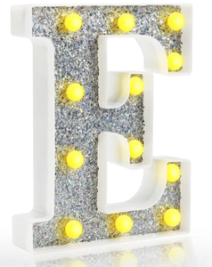 lot 3663 image: Pooqla Light Up Letters, LED Marquee Letters for Silver Birthday Decorations, Battery Powered Night Light Teenager Girl Room Decor, Gift for Girls Boys Wedding Bedroom Christmas Party Decor, Letter E - Retail $0