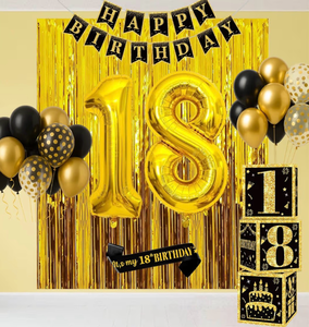 lot 3667 image: 18th Birthday Decorations for Men Women, 50pcs Black and Gold Party Decorations with 18 Year Old Balloons Boxes, Happy Birthday Black Gold Banner and Sash, Fringe Curtains Party Decor - Retail $0