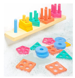 lot 3678 image: Tub Works� Splash, Stack & Sort Shape Sorter & Stacking Toddler Bath Toy  20 Foam Pieces  Color Sorting & Shape Stacking Kids Bath Toys  Floats & Sticks to Tub Walls  Early Learning Bathtub Toys - Retail $0