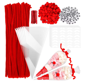 lot 3681 image: Whaline 100pk Christmas Red Pipe Cleaners Craft Set, Cone Cellophane Bags Pompom Balls Wiggle Eyes Twist Ties Xmas DIY Candy Cone Treat Bags with 5 Sheet Mustache Stickers for Party - Retail $0