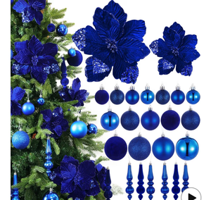 lot 3688 image: Janinka 36 Pack Christmas Poinsettia Flowers Decoration Set Include 12 Pcs Artificial Glitter Poinsettia, 24 Pcs Hanging Christmas Balls and Teardrop Ornaments for Xmas Holiday Decor(Navy Blue) - Retail $0
