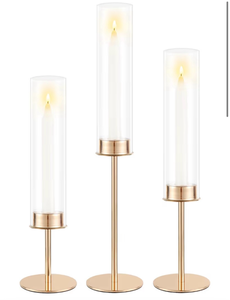 lot 3689 image: POKINE Gold Candle Holders Set of 3 for Glass Taper Candle Holders,Hurricane Candlestick Holder for Home Decor, Wedding, Dinning, Party Decorative, Anniversary (3,Gold) - Retail $0