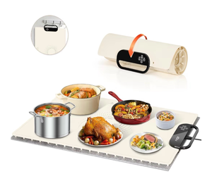 lot 3706 image: Food Warming Mat �� Fast Heating Electric Warming Tray with 7 Temp Settings, 11-Hour Timer & Auto Shut-Off, Foldable Silicone Mat with Child Lock, Portable Warming Pad for Buffets, Holidays �� Beige - Retail $0