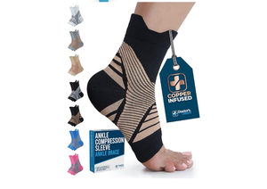 lot 3728 image: Doctors Select Copper Ankle Sleeve - Foot and Ankle Compression Sleeve, Arch Support Socks, Compression Ankle Brace, Black with Copper - Retail $0