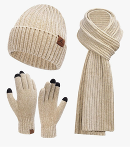 lot 3730 image: Womens Winter Knit Warm Hat Beanie Long Scarf Touch Screen Gloves Set Skull Caps Neck Scarves for Women - Retail $0