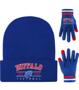 lot 3736 image: Winter Embroidered Soft Beanie Football Knit Hat With Warm Touch Screen Gloves - Game Day Gifts For Men Women And Fans - Retail $0