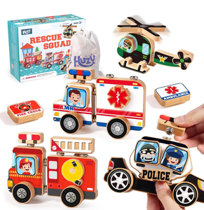 lot 3737 image: Emergency Vehicles 3D Puzzle Toy, Rescue Squad Wooden Snap Button Connection Building Blocks for Kids 3-8, Fire Truck Ambulance Police Car Helicopter Montessori Gifts for Preschool Children - Retail $0