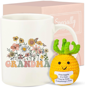 lot 3738 image: Best Grandma Christmas Gifts��11 OZ Coffee Cup Nana Birthday Funny Positive Potato, 3 inch Knitted Wool Doll with Positive Card for Cheer Up Gifts and Party Decorations, Cute Wool Crochet Doll - Retail $0