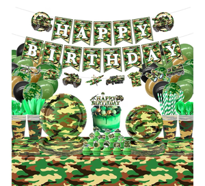 lot 3740 image: Camo Birthday Party Decoration - Army Party Supplies, Plates Cups Napkins Camo Tablecloth Happy Birthday Banner Balloons Cake Toppers for Boy Camouflages Hunting Military Party Supplies(Banner) - Retail $0