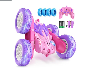 lot 3743 image: Jimdella Remote Control Cars for Girls, 2.4GHz RC Stunt Car with 360° Flips & Double Sided Driving, Changeable Wheels, LED Headlights, Birthday Gift for 5-12 Year Old Girls (Pink) - Retail $0