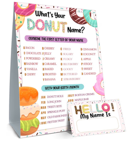 lot 3754 image: What is Your Donut Name Game, Donut Birthday Party Sign for Girls, Wedding, Anniversary, Holiday Activity, Kids Donut Activity Cards(1 Donut Theme Sign and 30 Name Tag Stickers) - Retail $0