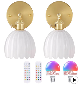 lot 3756 image: Shenmoyl Vintage Battery Operated Wall Sconce with White Tulip Glass Lampshade 5000 mAh Rechargeable Battery Powered Wall Light with Remote Control for Bedside Bedroom Doorway, Set of 2 - Retail $0