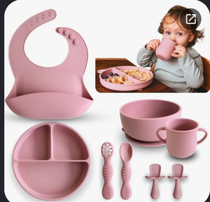 lot 3765 image: HippoBaby 6 Piece Silicone Suction BabyToddler Bowl Set with 2 Bowls, 2 Spoons, 2 Forks, Safe Food Grade Silicone, Soft on Gums, Stylish Colors (4, Rose QuartzSky), Small, SB06RS - Retail $0