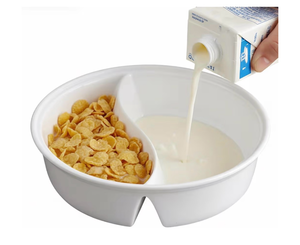lot 3766 image: Angoily 7-inch Ceramic Divided Bowl, S-Shaped 2 Compartment Cereal Bowl, Anti-Soggy Plate for Soup and Sandwich, Portion Control Dish, Microwave Safe - Retail $0