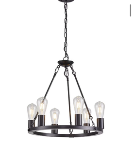 lot 3770 image: GYNAZIX Farmhouse 6 Lights Black Wagon Wheel Chandelier,Modern Vintage Round Pendant Light Fixture for Dining Room,Living Room, Entryway Foyer Kitchen Island, E26 - Retail $0