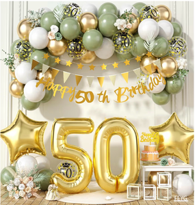 lot 3775 image: Happy 50th Birthday Decorations, Sage Green and Gold Balloons, Light Number Balloon 50th Birthday Decorations for Women (Gold 50) - Retail $0