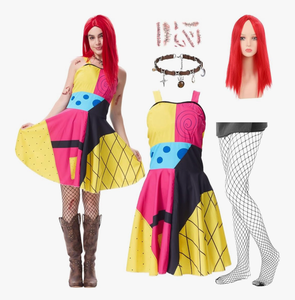 lot 3777 image: GOBWCOT Sally Costume Women Adult Sally Dress Suspender with Wig Halloween Christmas Nnight Cosplay Outfit (Red, Large) - Retail $0