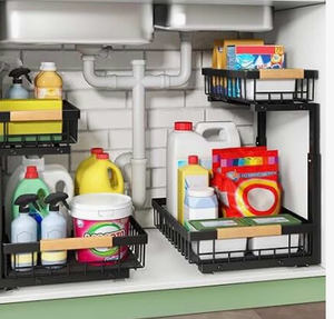 lot 3780 image: Under Sink Organizer L-shaped Adjustable, 2 Pack High Load-bearing Reinforced Carbon Steel Smooth Sliding Kitchen Bathroom Organizer, 2 Tier Pantry Closet Cabinet Rack Drawer Storage Organizer, Black - Retail $0