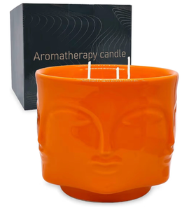 lot 3790 image: 3 Wicks Large Orange Colored Pumpkin Scented Candle for Thanksgiving Fall Autumn Harvest, 20oz Natural Soy Wax Aromatherapy Candle in Buddha Pattern Ceramic Pot - Retail $0