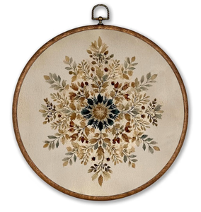 lot 3794 image: Voxitura Winter Christmas Snowflake Snow Leaf Wall Art Round Framed, Boho Vintage Retro Wall Decor Canvas Hanging Living Room, Rustic Festive Botanical Prints Artwork Decorations for Bedroom 10x10in - Retail $0