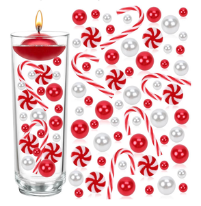 lot 3798 image: Christmas Vase Filler 120Pcs, White and Red Vase Filler Beads Candy Cane Christmas Decorations, Floating Earls for Centerpieces Tables Party Home Decorations - Retail $0