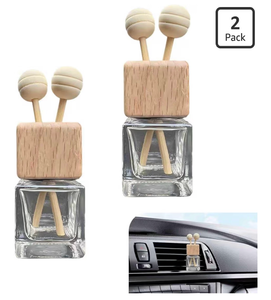 lot 3799 image: 2 PCS Car Diffuser Air Freshener Bottles, Refillable Empty Glass Essential Oil Diffuser Vent Clip & Wooden Caps Sticks, Universal Aromatherapy Diffusers for Most Vehicles (Square) - Retail $0