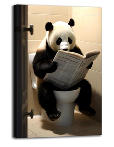 lot 3800 image: GLOKAKA Funny Bathroom Wall Art Cute Panda Sitting on Toilet Reading Newspaper Canvas Print Picture Humor Animal Wall Art For Bathroom Bedroom Kitchen,Ready to Hang 12x18 - Retail $0