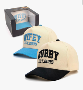 lot 3804 image: Mom and Dad Hats Gifts for New First Time Parents, Honeymoon Newlyweds Wedding Couples Hubby & Wifey Trucker Cap Set - Retail $0