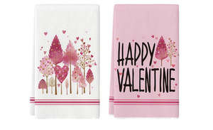 lot 3823 image: Artoid Mode Pink Love Heart Tree Happy Valentines Kitchen Towels Dish Towels, 18x26 Inch Anniversary Wedding Decoration Cleaning Set of 2 - Retail $0
