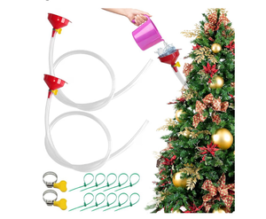 lot 3826 image: Qinyoung 2 Set 59 Inch Christmas Tree Watering Funnel System - Tree Shape Glass Watering System with 5 ft Silicone Hose & Retaining Straps, Watered Tool for Real Live Xmas Trees, Indoor Outdoor Plant - Retail $0