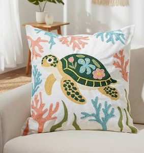 lot 3827 image: Nipil Summer Beach House Sea Turtle Floral Pillows Decorative Throw Pillows Covers 18x18 Decor,Sea Turtle Gifts - Retail $0