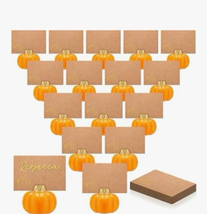 lot 3830 image: KEDEMAS 30 Set Pumpkin Place Card Holders with Greeting Cards - Mini Table Number Holders Fall Table Name Signs for Thanksgiving &Wedding party, Gradient Orange - Retail $0