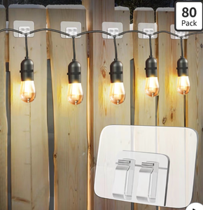 lot 3832 image: 80Pcs Hooks for Outdoor String Lights Clips Heavy Duty Cable Clips with Waterproof Adhesive Strips for Hanging Christmas Light - Outside UV-Resistant Clear Sticky Cord Holders Rope Organizer - Retail $0