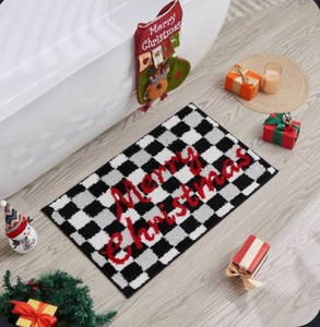 lot 3833 image: Douceur Merry Christmas Checkered Bathroom Rugs, Cute Black and White Checkerboard Bath Mat Non Slip, Soft and Absorbent Washable Bath Rugs, 32X20 - Retail $0