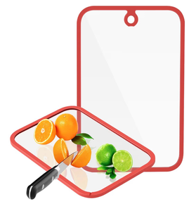 lot 3834 image: Cutting Board, Freshmage Glass Cutting Boards for Kitchen, 2Pcs Chopping Board Set with Non-Slip Edges & Hanging Hole, Dishwasher- Safe Clear Cutting Board for Countertop, Meal Prep & Serving - Retail $0
