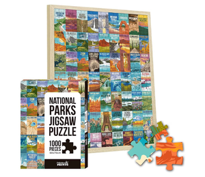 lot 3836 image: National Parks Puzzle for Adults 1000 Pieces, Hand-Drawn Illustrations of National Parks, Zion, Yellowstone, Yosemite, Beautiful Nature Landscape Puzzle (No Frame, 50x70cm) - Retail $0