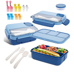 lot 3837 image: Bento box adult work lunch box, adult container, with 4 compartments, lunch container with cutlery (knife, fork, spoon, sauce box), animal fruit fork, microwave and dishwasher safe, Sky blue - Retail $0
