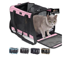 lot 3840 image: GORILLA GRIP Cat Carrier Travel Bag Up to 15 Lbs, Soft Collapsible Small Dog Carriers, Top and Side Entry Breathable Mesh, Grip Feet on Underside, Cozy Washable Waterproof Pad, Portable Kennel, Pink - Retail $0