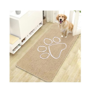 lot 3842 image: OLANLY Dog Door Mat for Muddy Paws 47x24, Paw Print Design, Absorbs Moisture and Dirt, Absorbent Non-Slip Washable Doormat, Quick Dry Chenille Mud Mat for Dogs, Entry Indoor Entryway Carpet, Beige - Retail $0