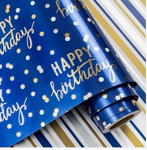 lot 3850 image: LeZakaa Reversible Wrapping Paper Roll, Blue Happy Birthday Lettering & Balloon Design for Boys, Mens Party, Mini Roll, 17 in x 32.8 ft (46.45 sq ft) - Retail $0